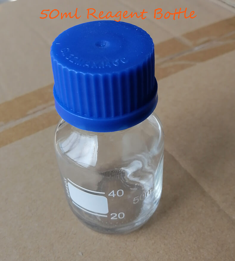 Flacone con spazio di testa da 20 ml, filettatura DIN GL45, anello di versamento, flacone di reagente trasparente da 250 ml.