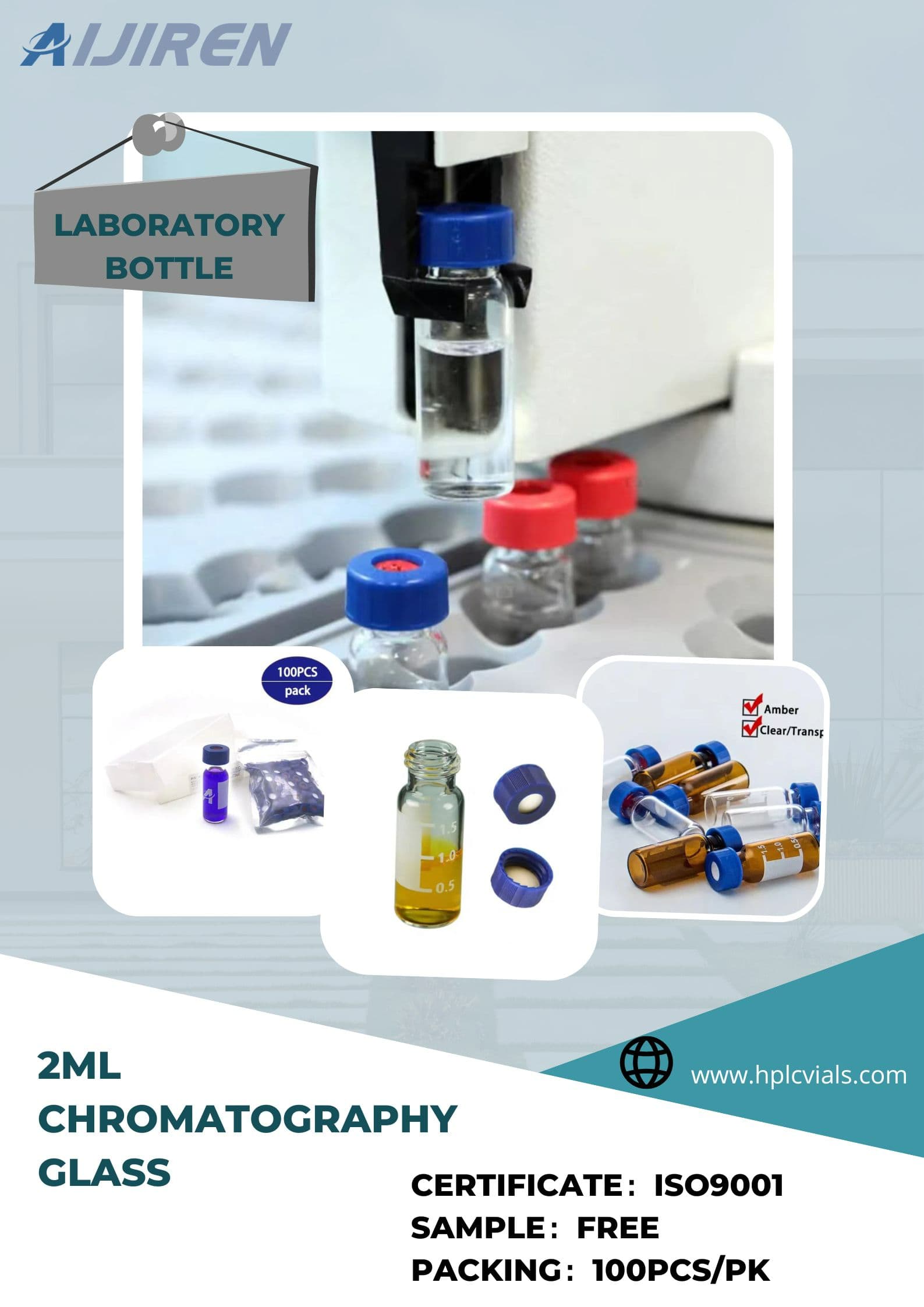 Laboratory chromatography analysis 2ml UPLC Clear, Amber glass Vial Plastic Screw Cap