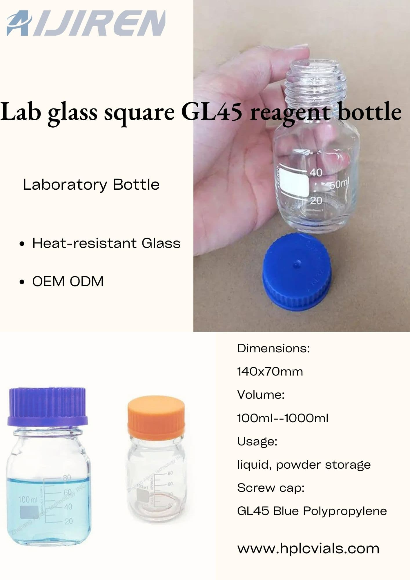 Lab Heat-resistant Glassglass square GL45 reagent Soda-Lime glass bottle
