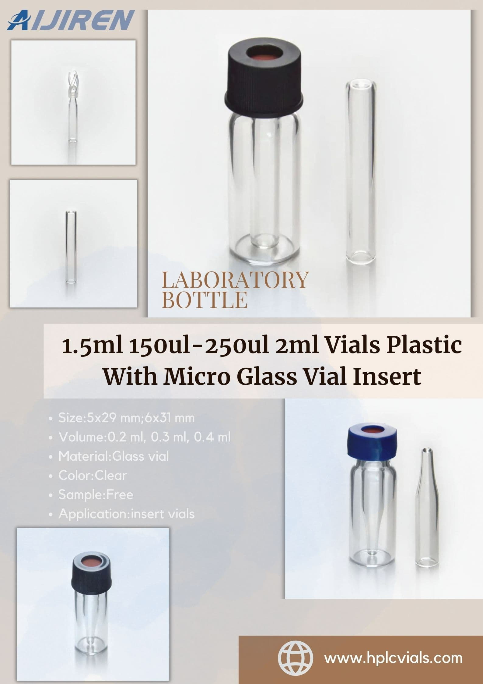 20ml headspace vialLaboratory Bottle 1.5ml 150ul-250ul 2ml Clear Vials Plastic With Micro Glass Vial Insert
