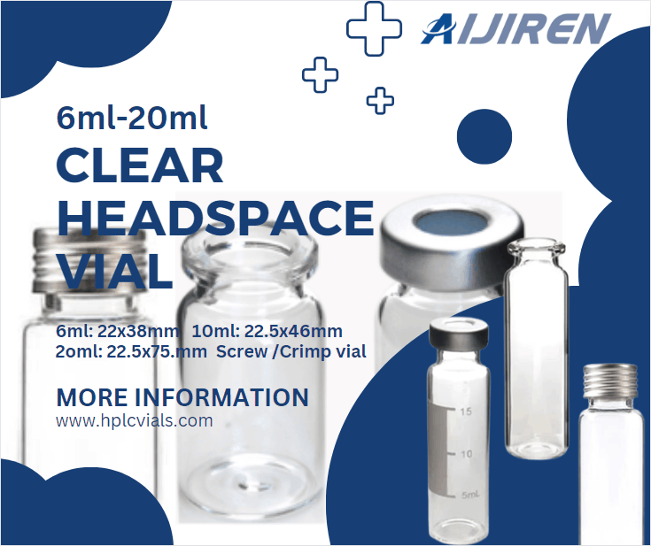 Vial con espacio de cabeza de 20 ml, análisis de cromatografía de gases de laboratorio, viales para GC con espacio de cabeza de vidrio con tapa engarzada y tapa de aluminio engarzada