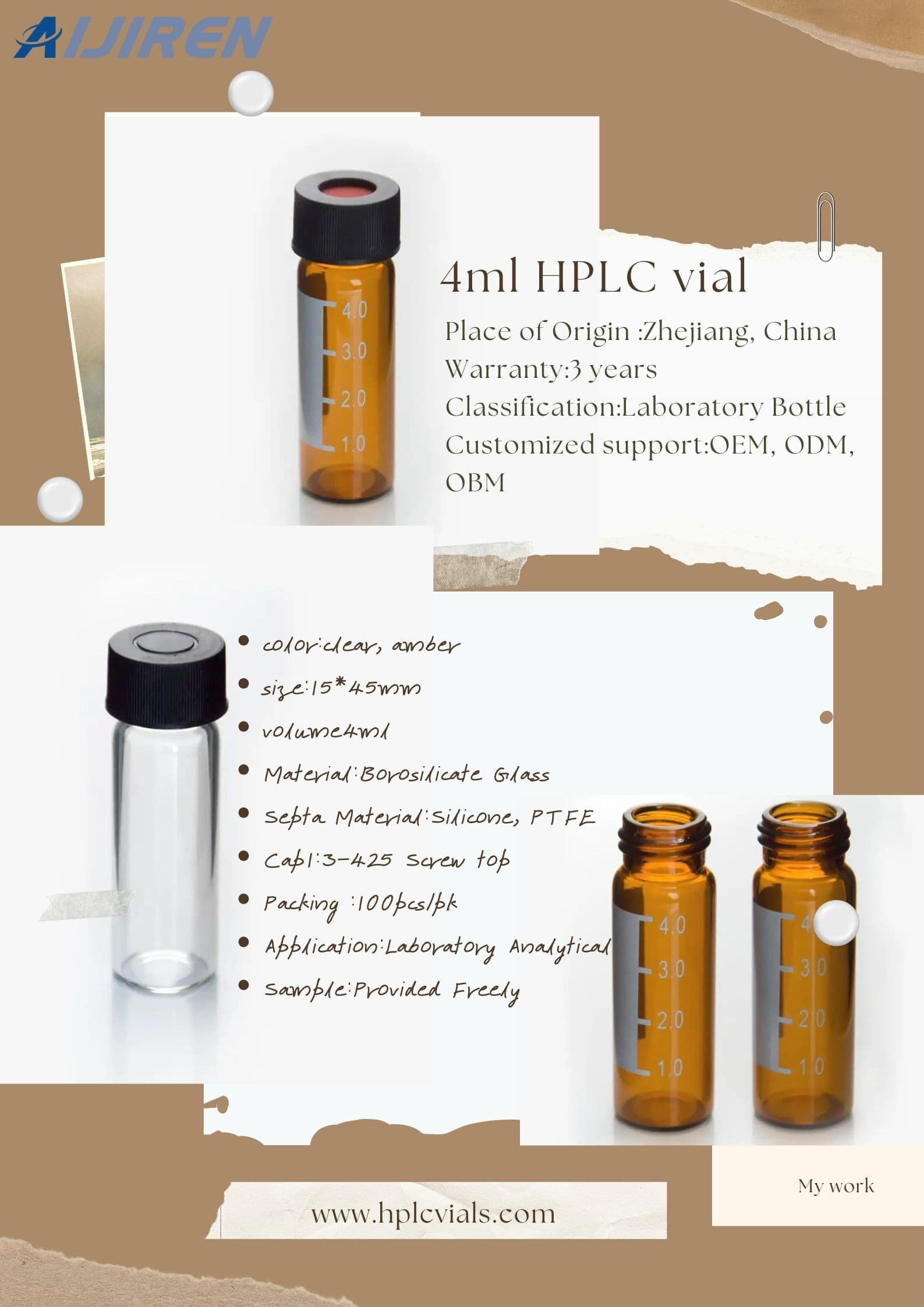 13-425 screw neck 4ml HPLC Borosilicate Glass vial