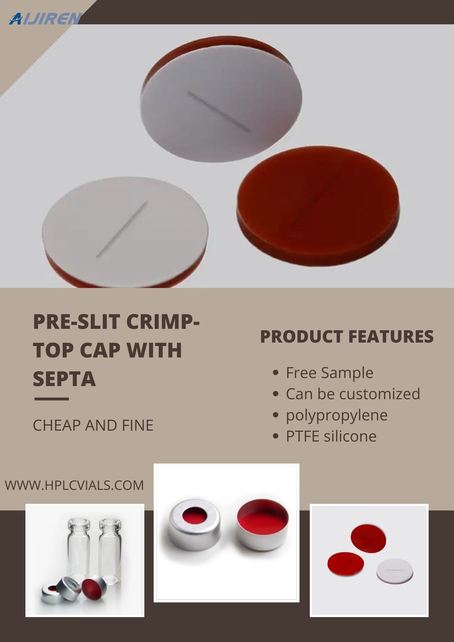 Pre-slit Crimp-top Cap with butyl/PTFE silicone gc vial Septa for sale