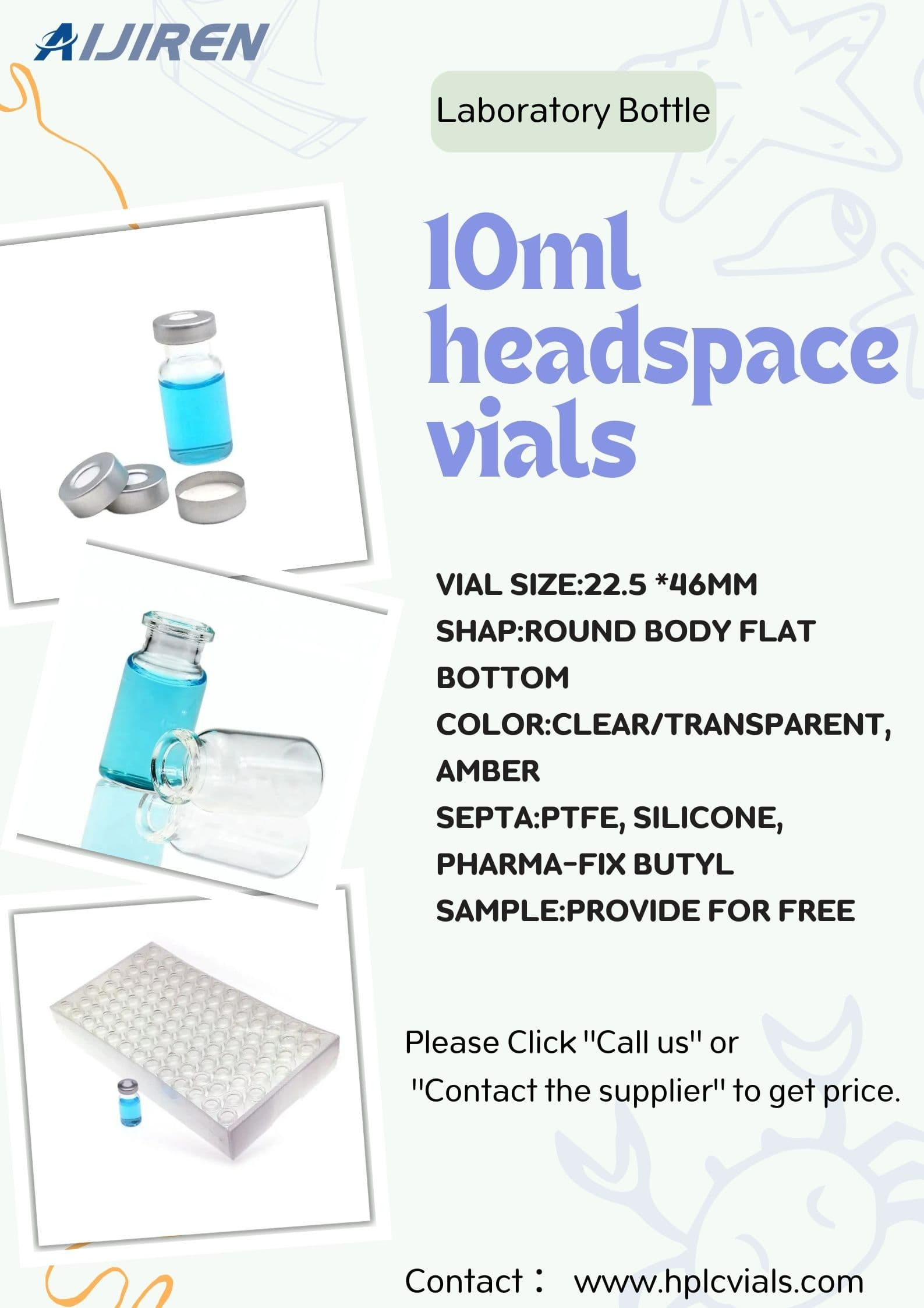 20ml headspace vial10ml Laboratory PTFE, Silicone, Pharma-Fix Butyl Gas chromatography PTFE, headspace vials