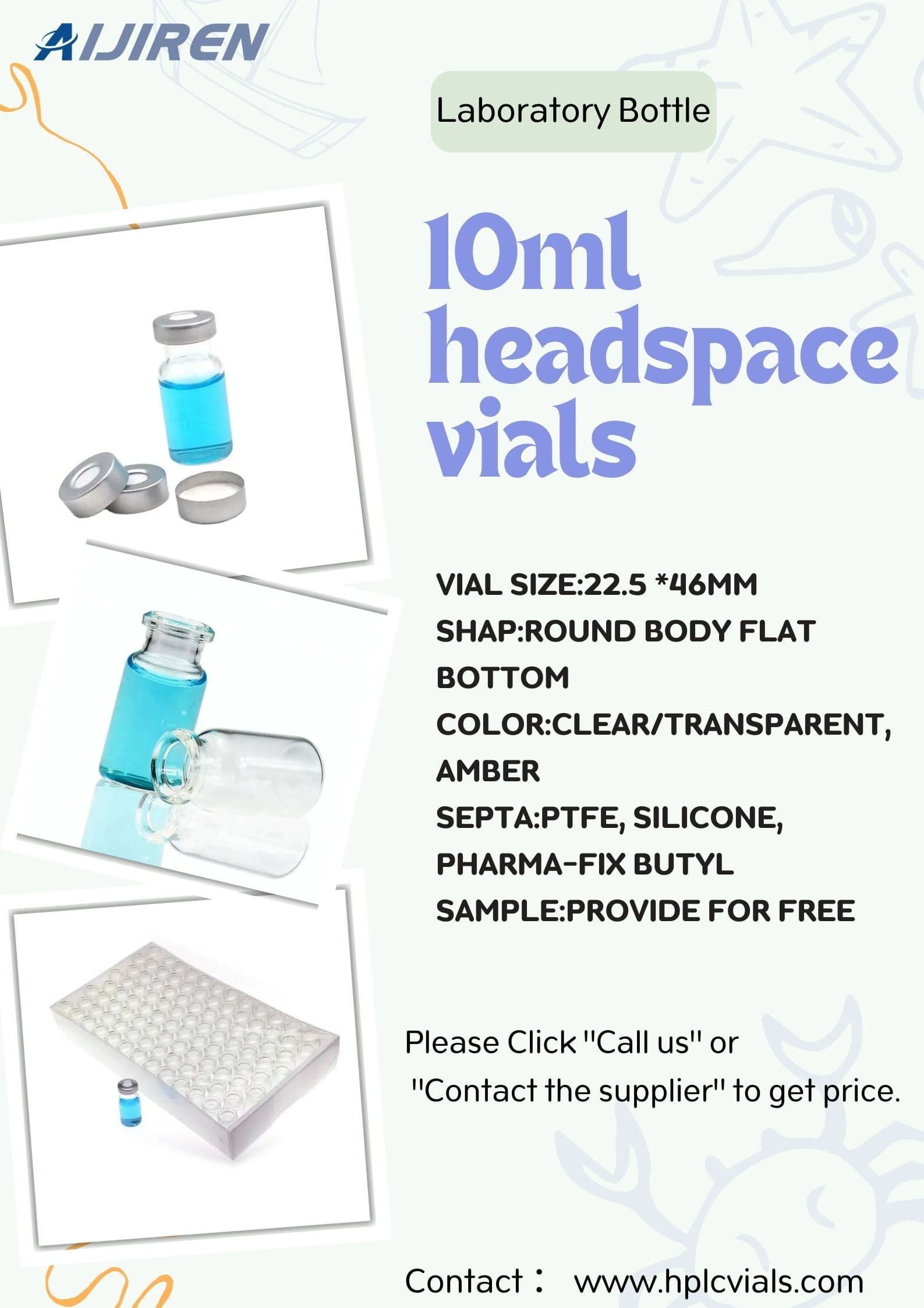 10ml Laboratory PTFE, Silicone, Pharma-Fix Butyl Gas chromatography PTFE, headspace vials