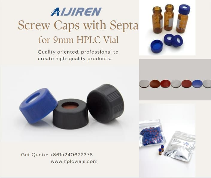 ALWSCI 200-Pack HPLC Vial Caps - Blue 9mm Screw Caps With Red PTFE/Silicone Septa For 2ml Autosampler Vials
