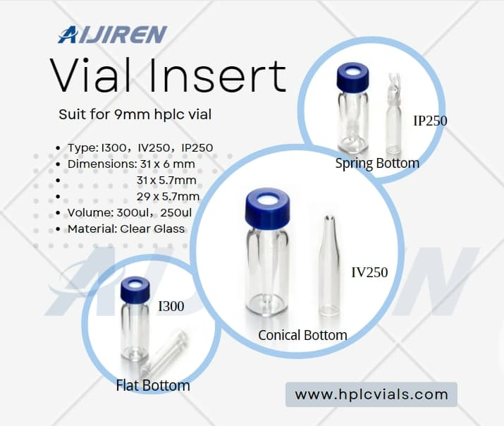 250ul helderglazen micro-inzetstukken met veerbodem, voor 9 mm, 10 mm, 11 mm hplc-flacons