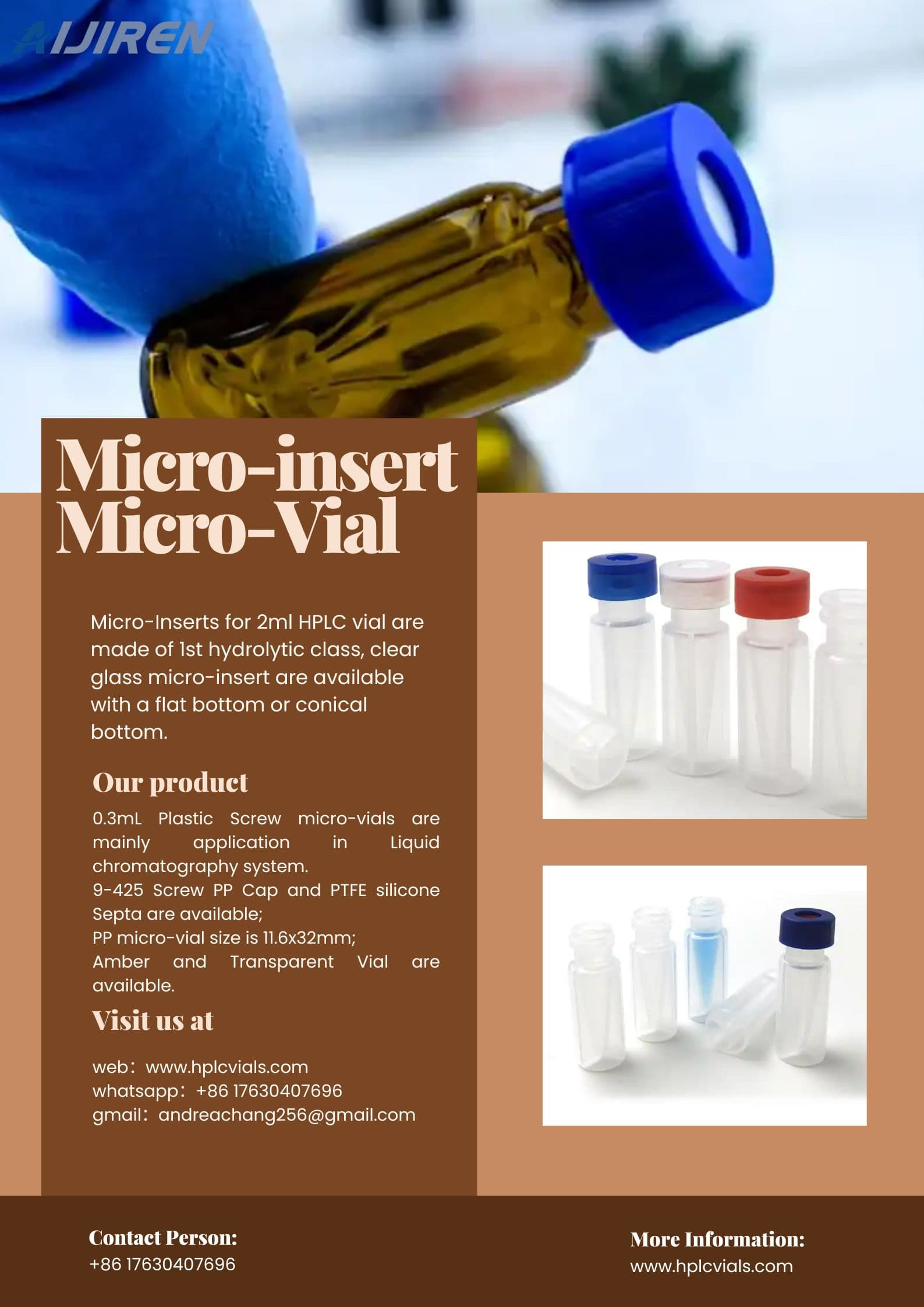 Vial con espacio de cabeza de 20 ml9-425 Tapa con rosca Viales de vidrio de borosilicato de 300 uL Microvial HPLC inserto integrado con etiqueta