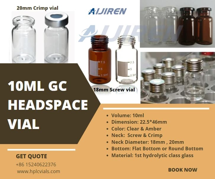 Vial con espacio de cabeza de 20 ml, análisis de cromatografía de gases de laboratorio, viales para GC con espacio de cabeza de vidrio con tapa engarzada y tapa de aluminio engarzada