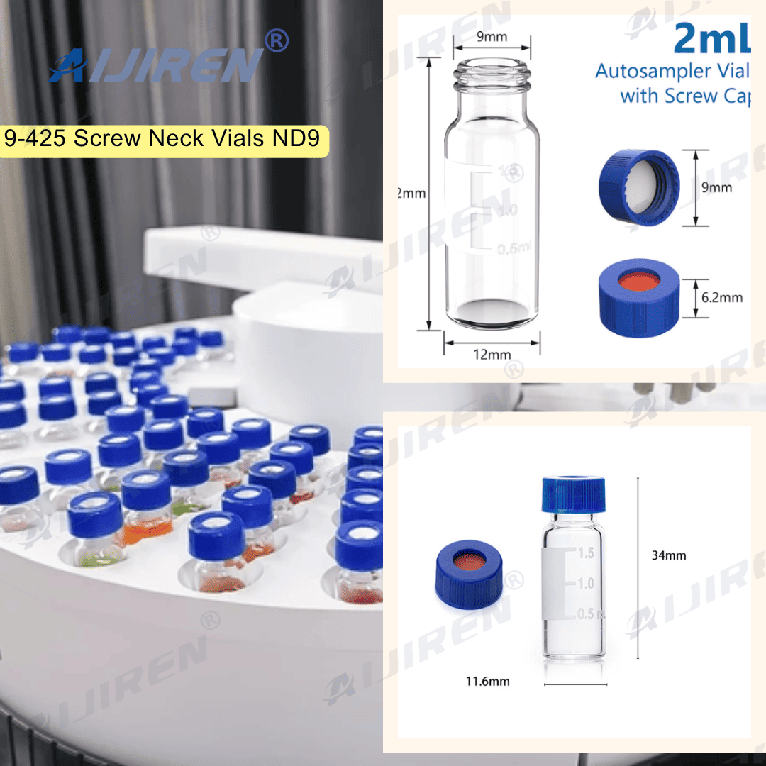 20ml headspace vial“9-425 ND9 threaded autosampler bottle: 9mm threaded mouth, 12mm height, borosilicate glass material  “