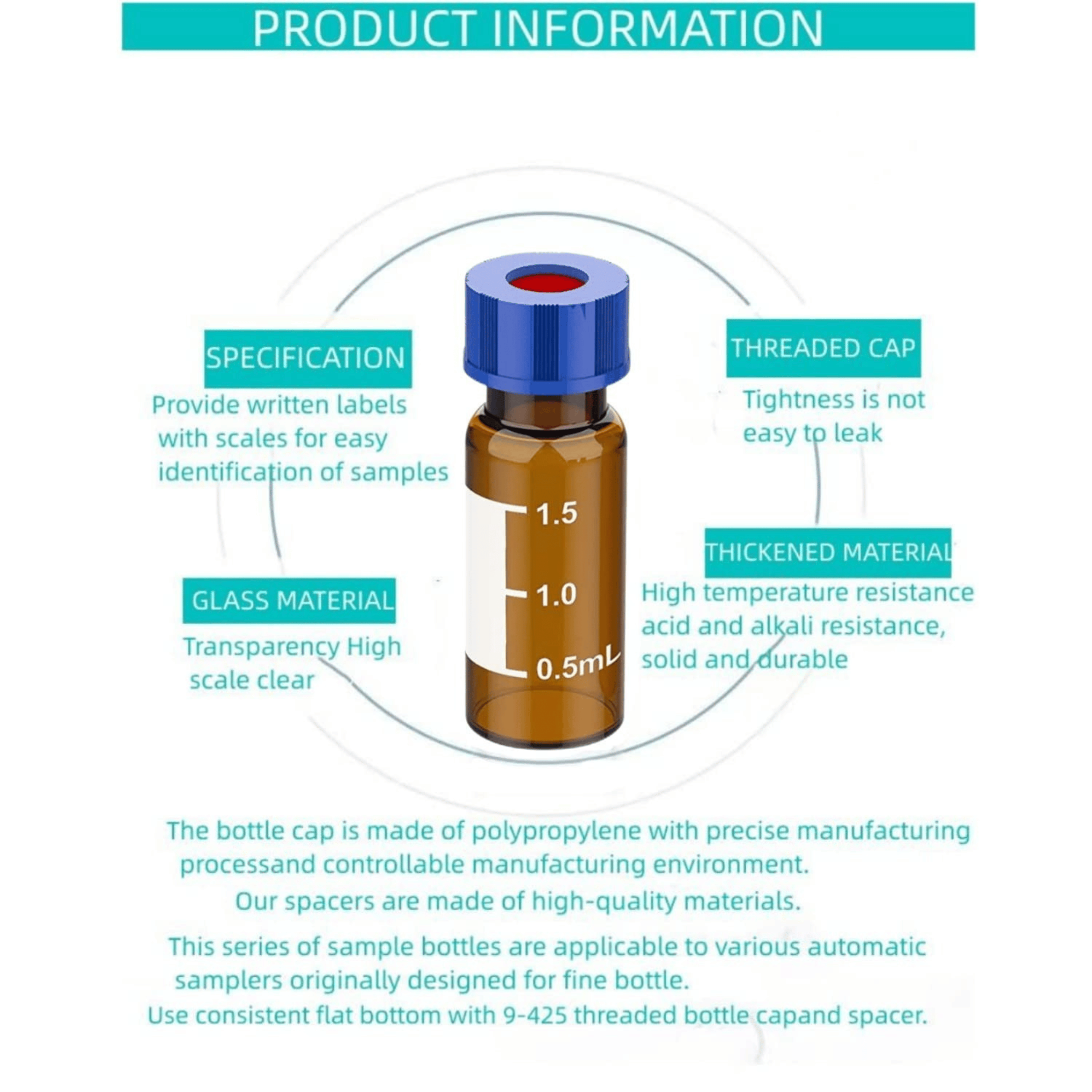 Complete 9-425 Thread HPLC Vial Kit with Caps and Scale, 2mL Pack of 100