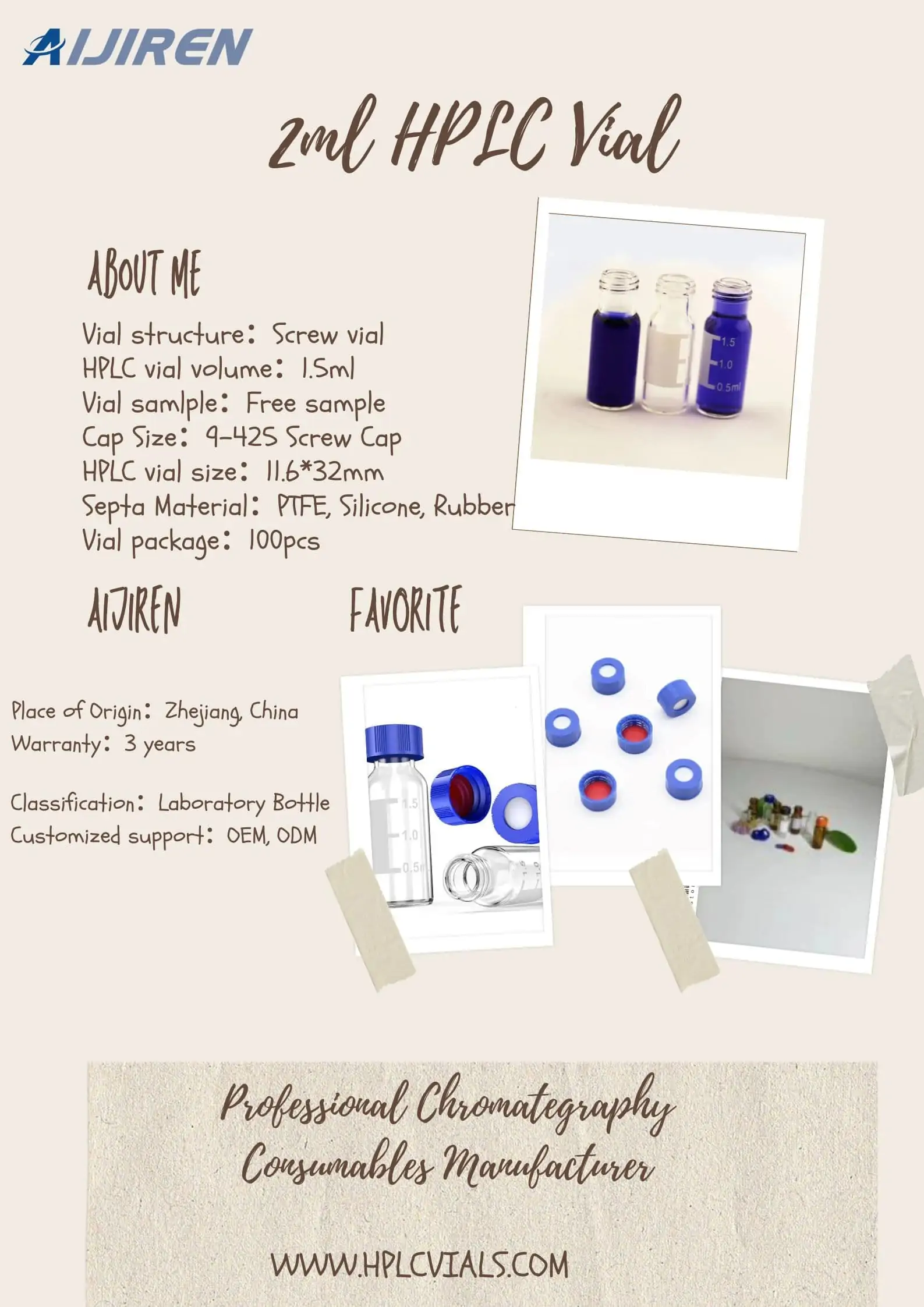 9-425 Screw Cap 2ml HPLCPTFE/Silicone/Rubber Vial Screw vial for chromatography